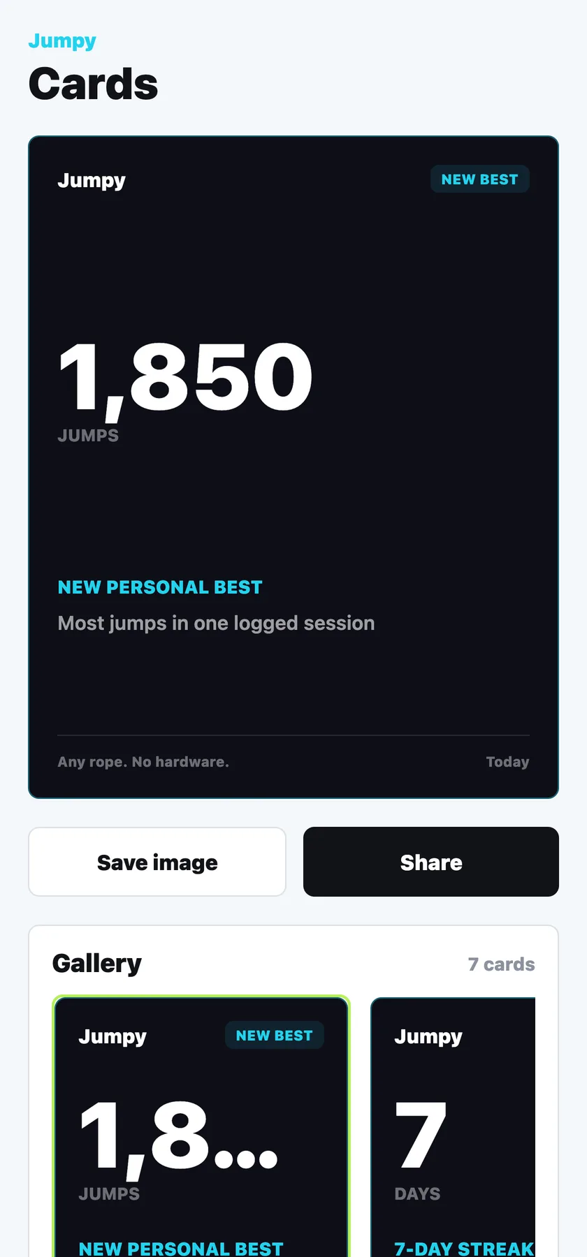 The Jumpy Cards screen showing a PR card: 1,850 jumps, new personal best