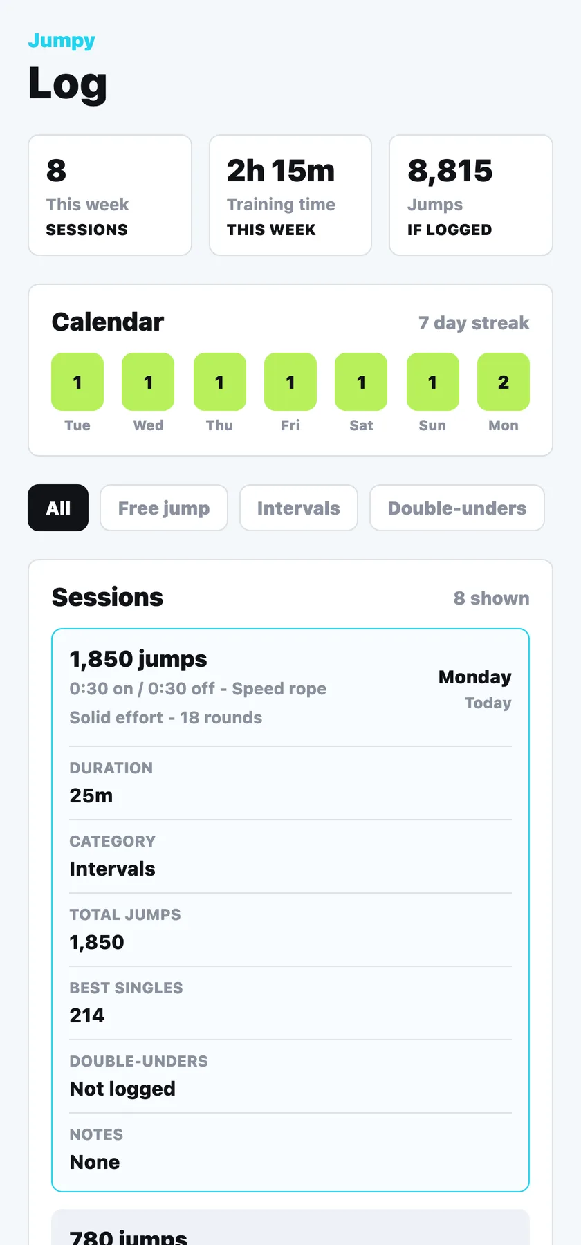 The Jumpy Log screen showing the week's sessions, the streak calendar and one session expanded