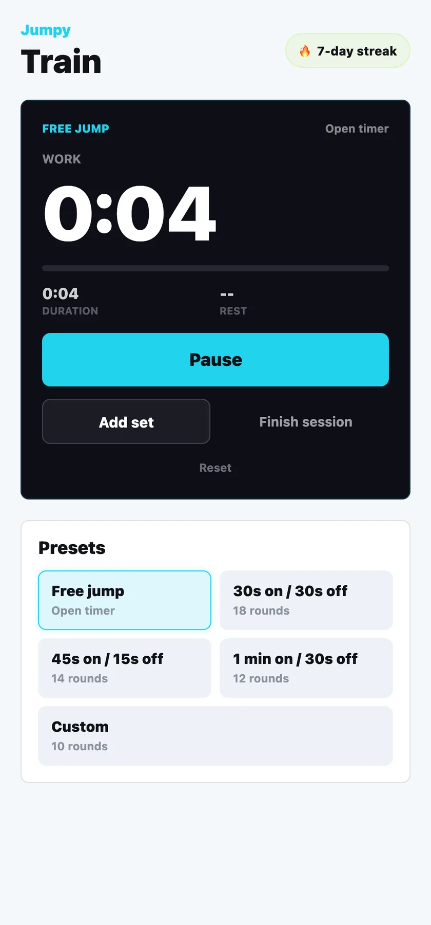 The Jumpy Train screen with the interval timer running and the presets below it