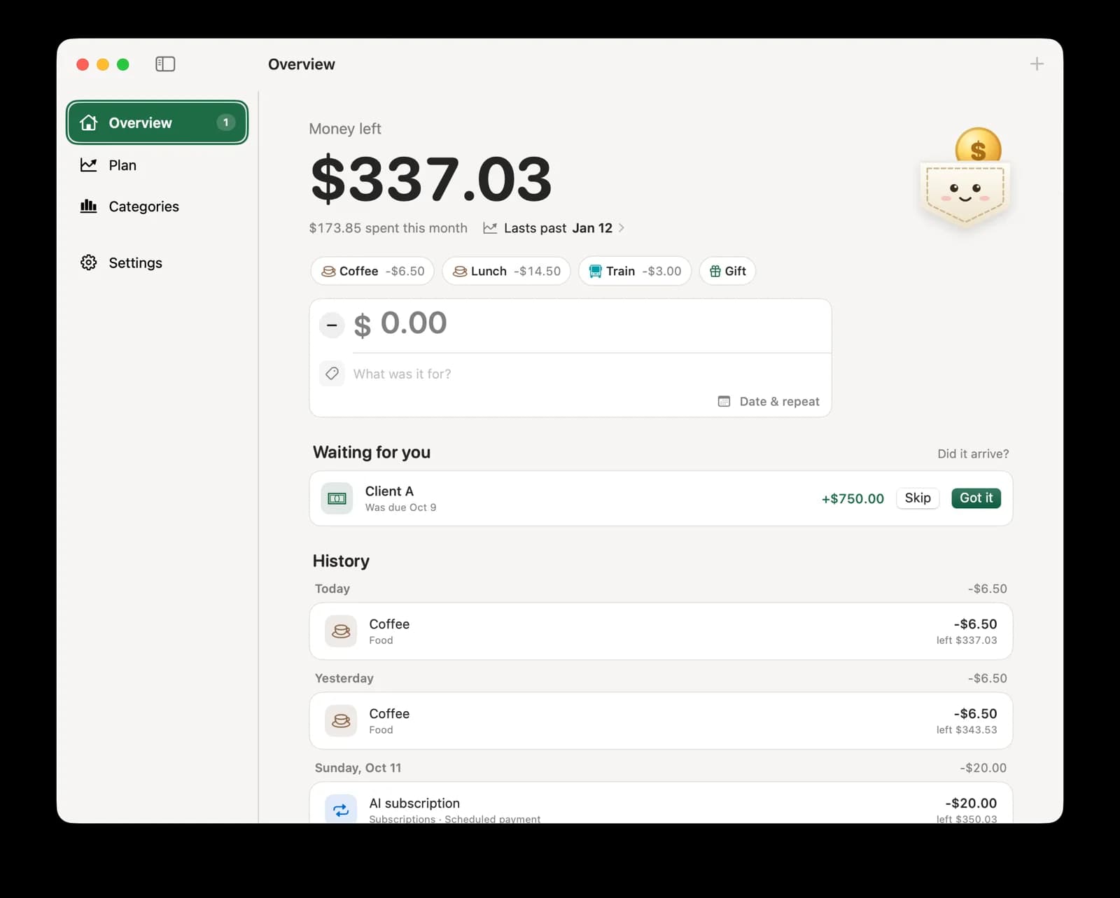 Pocket’s Overview window with the money left, quick-add buttons, a payment waiting for confirmation and the history