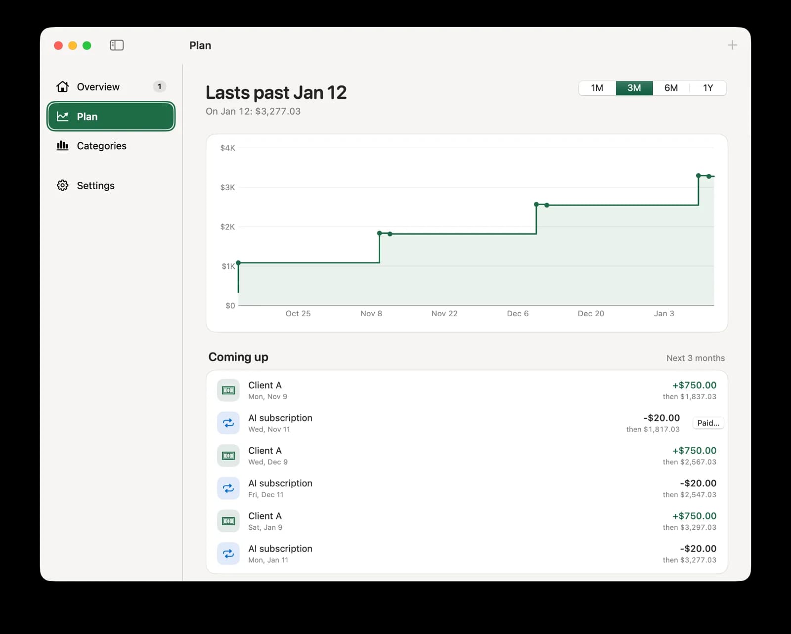 Pocket’s Plan window with a three-month balance chart and the payments coming up