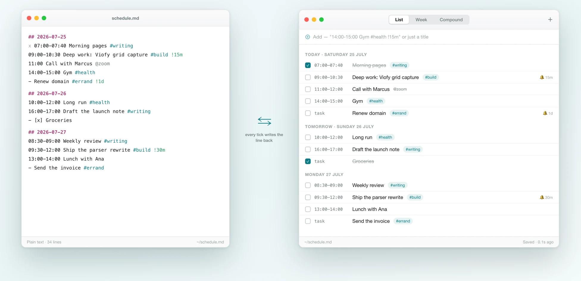 schedule.md open in an editor next to the SKD app showing the same entries