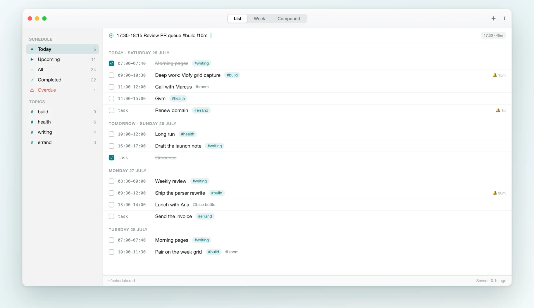 The SKD macOS app showing today's list grouped by day, with topics in the sidebar