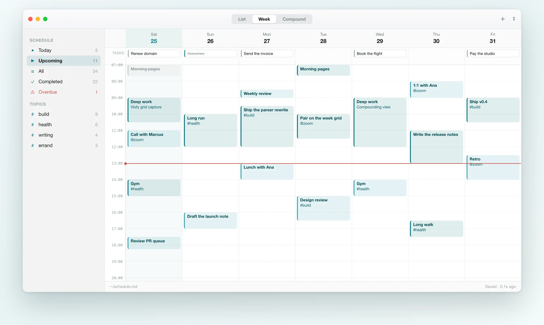 The SKD week view with seven columns, duration-sized blocks and a now-line