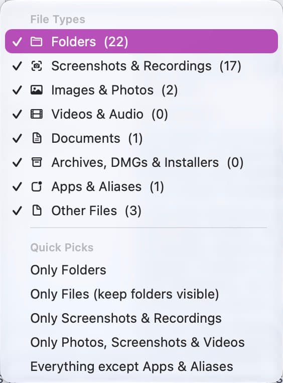 Bare's Choose Types submenu with file categories and the Only Screenshots and Recordings preset