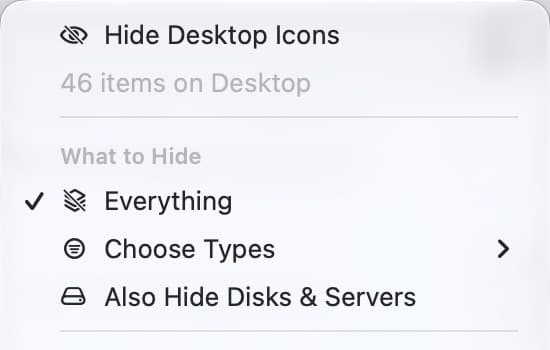 Bare 1.0.0 menu showing Hide Desktop Icons, Everything, and Choose Types