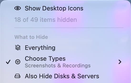 Bare's menu with Show Desktop Icons available while hiding is active