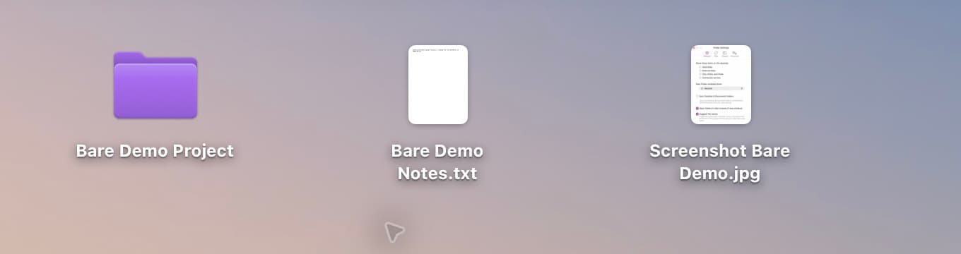 The sample folder, text document, and screenshot restored to the same Desktop region after Bare's Show command