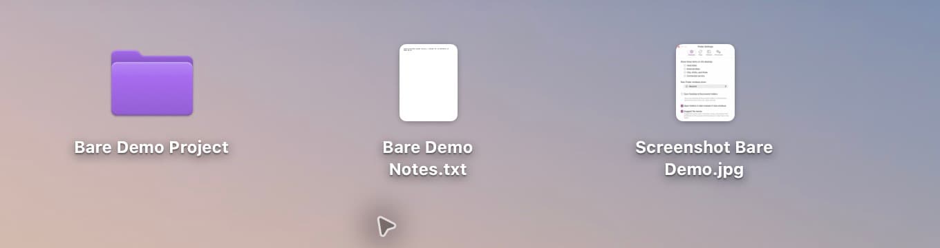 A sample folder, text document, and screenshot visible together on the Mac Desktop