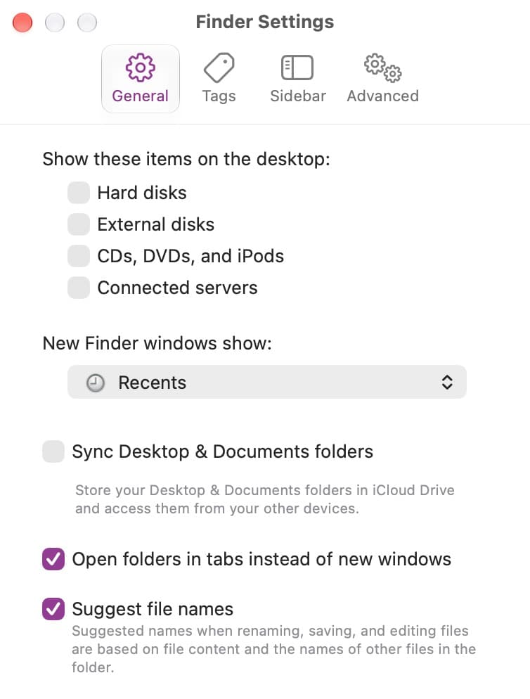 Finder General settings with hard disks, external disks, removable media, and connected servers unchecked