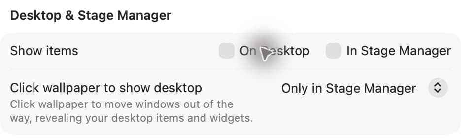 macOS 27.0.1 Desktop and Stage Manager settings with On Desktop unchecked