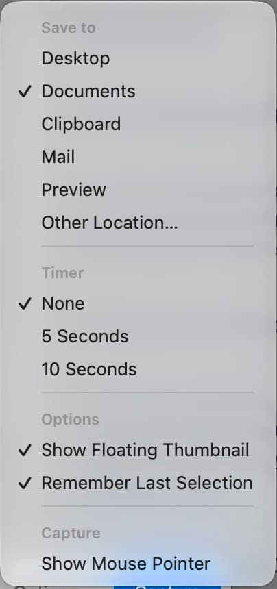 The native macOS Screenshot Options menu showing Save to, Documents, Clipboard, and Other Location