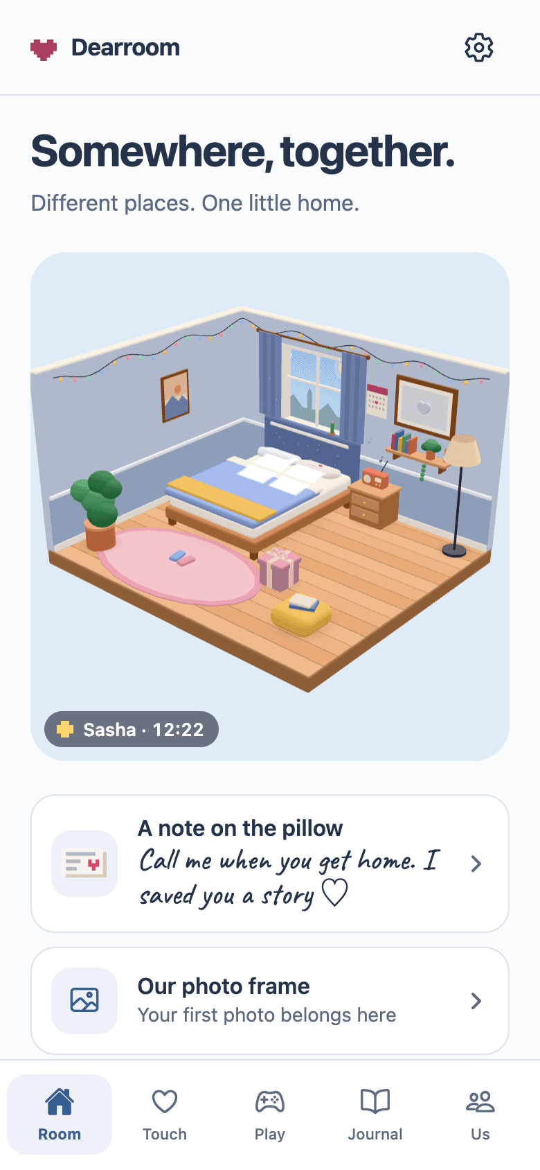 Dearroom, un dormitorio 3D compartido con una nota en la almohada y la hora local de la otra persona
