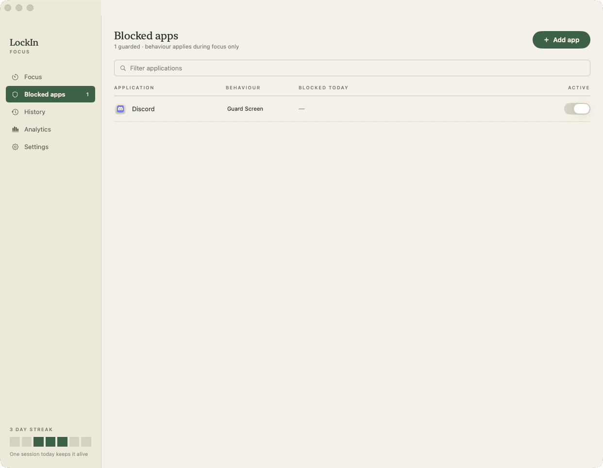 LockIn guarded-app list with behavior, daily interception count, and active toggle