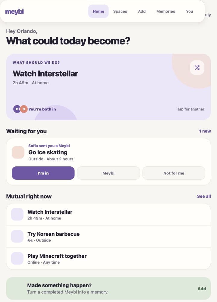 Meybi home showing a mutual movie idea and response choices