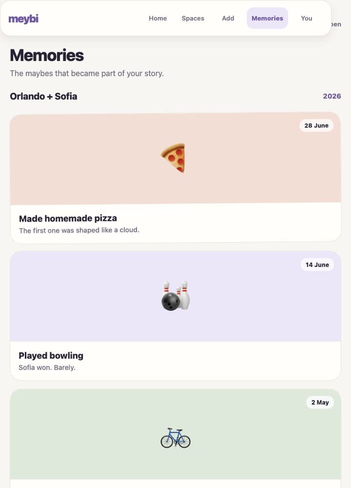 Meybi Memories showing saved moments with dates and personal notes