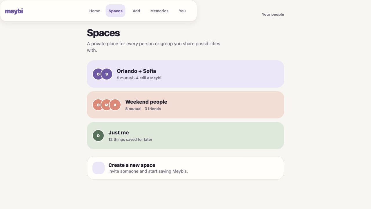 Meybi Spaces showing private spaces for a pair, friends, and one person