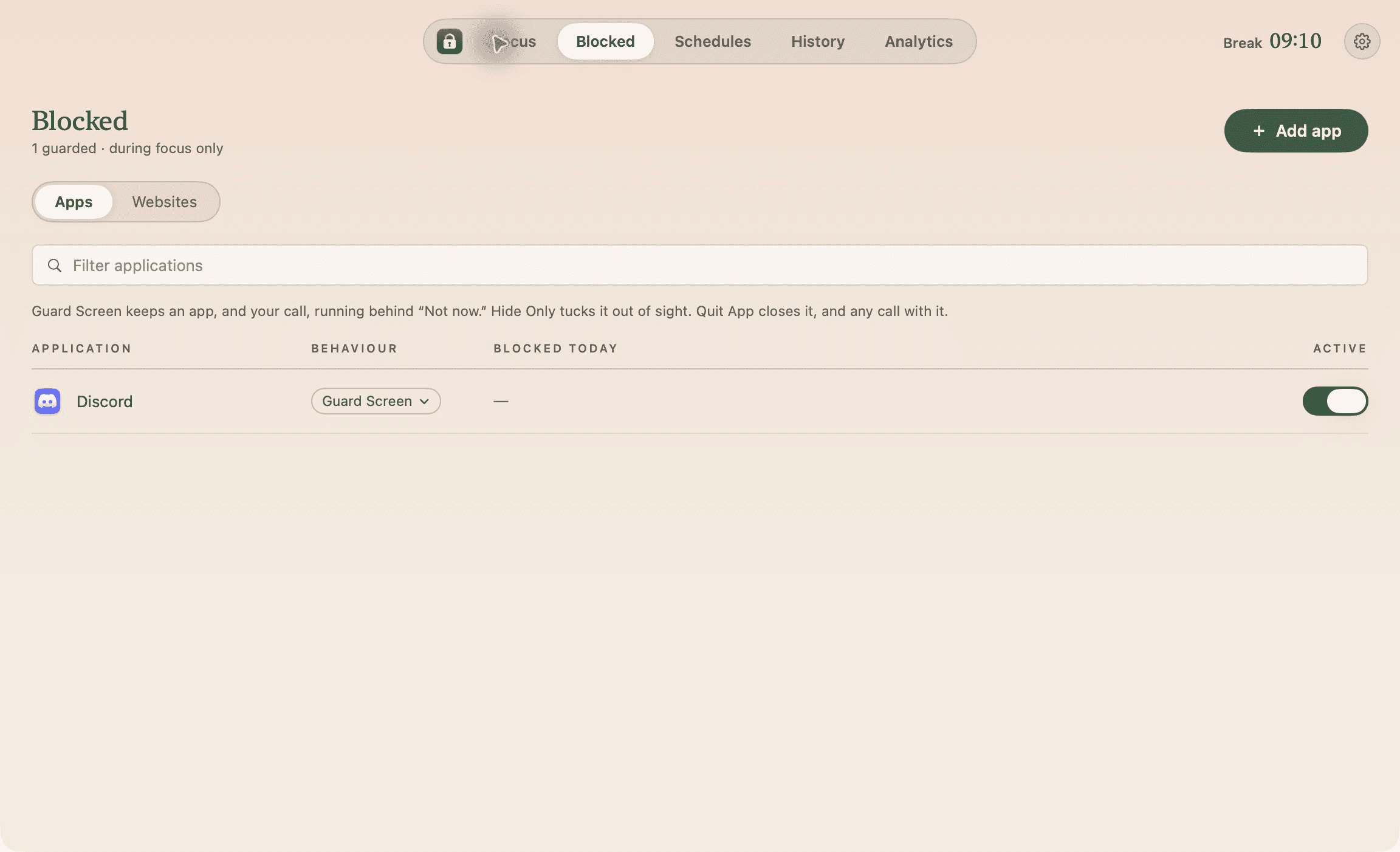Quietwhile blocked apps, with Discord set to Guard Screen