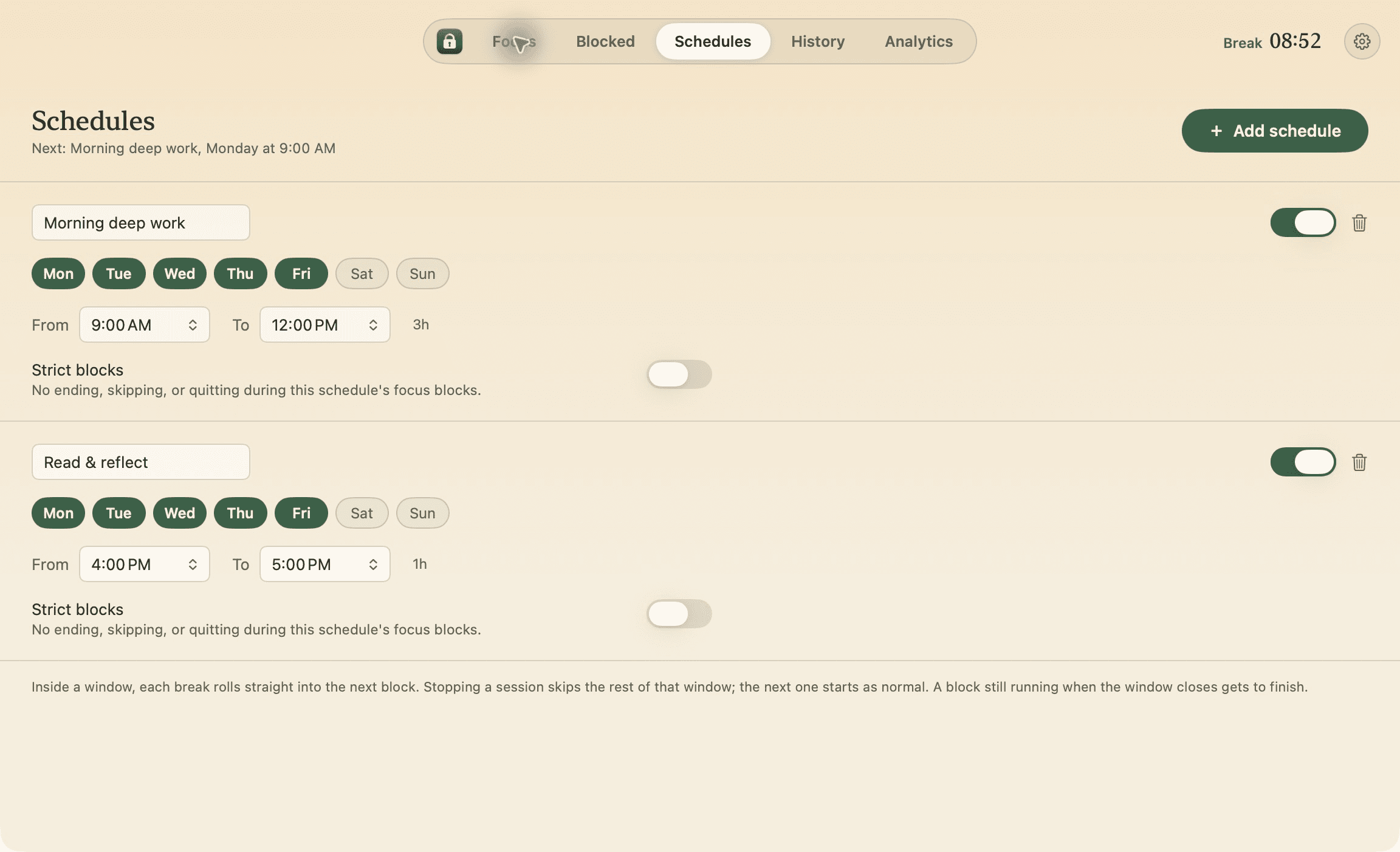 Quietwhile Schedules: weekday deep work from 9:00 to 12:00 and reading from 16:00 to 17:00